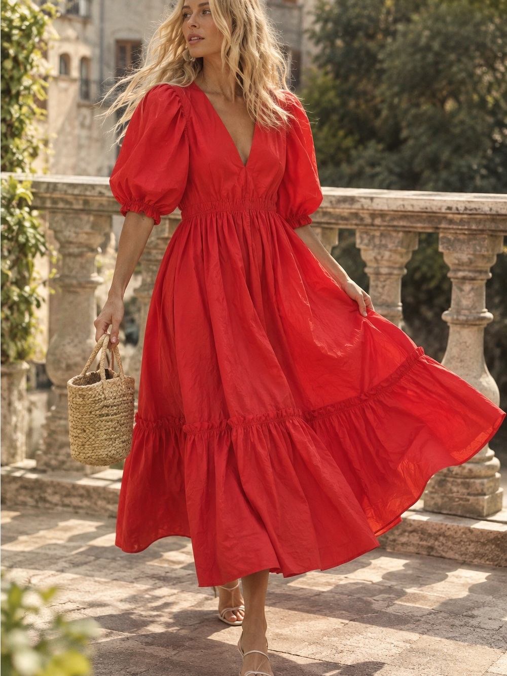 EUC Hunter Bell Palmer Cherry Red Puff Sleeve Tiered Full Dress 22R013 Size Larg